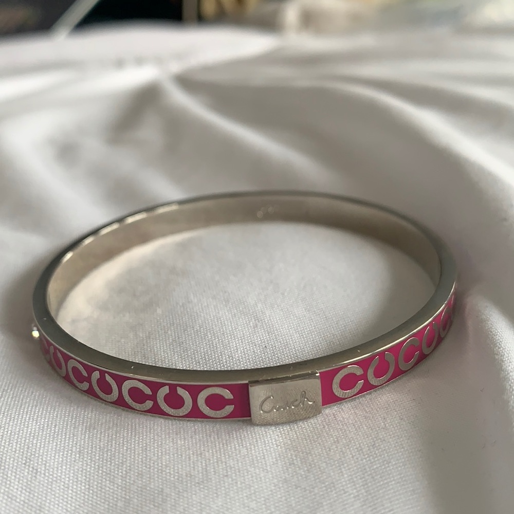 Coach Silver C and Magenta Enamel Bangle Bracelet
